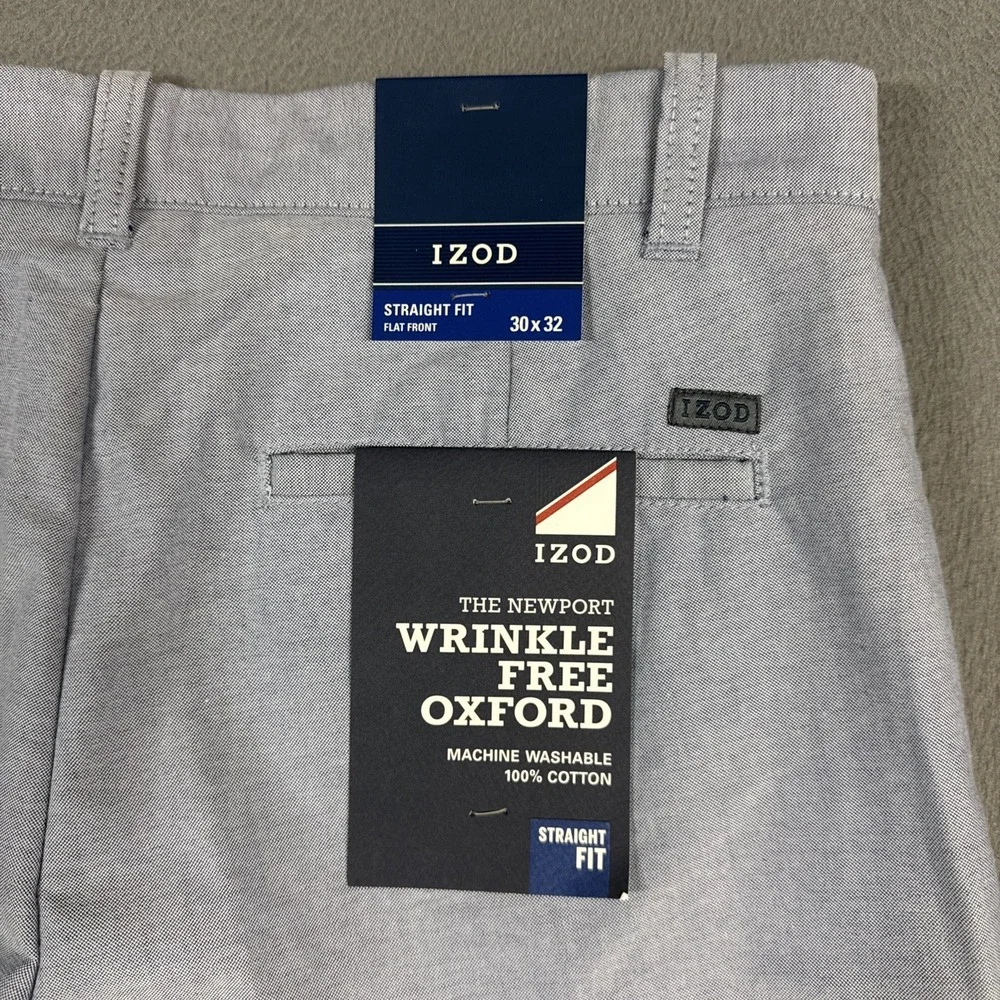 Izod Pants Mens 30x32 Light Blue Straight Fit Flat Front Wrinkle Free Oxford NWT